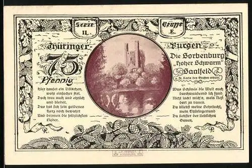 Notgeld Leuchtenburg / Saale 1921, 75 Pfennig, Sorbenburg Hoher Schwarm, Wappen Thüringen