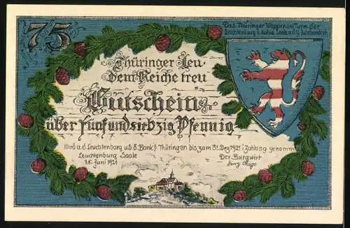 Notgeld Leuchtenburg / Saale 1921, 75 Pfennig, Sorbenburg Hoher Schwarm, Wappen Thüringen