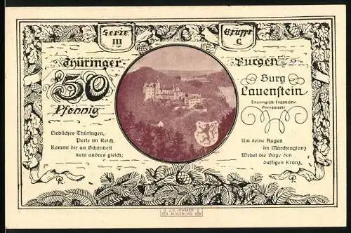 Notgeld Leuchtenburg / Saale 1921, 50 Pfennig, Burg Lauenstein und Thüringer Löwe Motiv