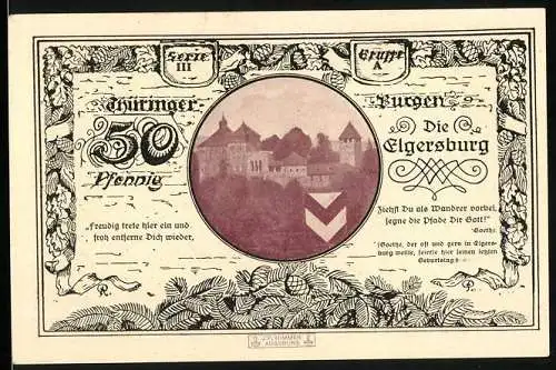 Notgeld Leuchtenburg / Saale 1921, 50 Pfennig, Elgersburg Burgansicht und Wappen, Serie III Gruppe A