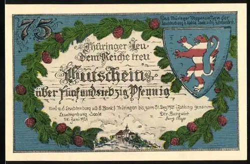 Notgeld Leuchtenburg / Saale 1921, 75 Pfennig, Wappen und Burgansicht Wartburg