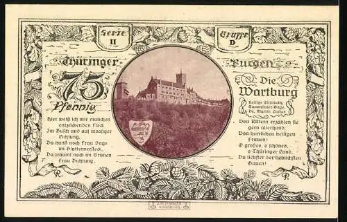 Notgeld Leuchtenburg / Saale 1921, 75 Pfennig, Wappen und Burgansicht Wartburg