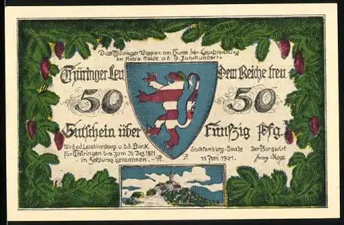 Notgeld Leuchtenburg / Saale 1921, 50 Pfennig, Wappen und Landschaftsansicht mit Coburg