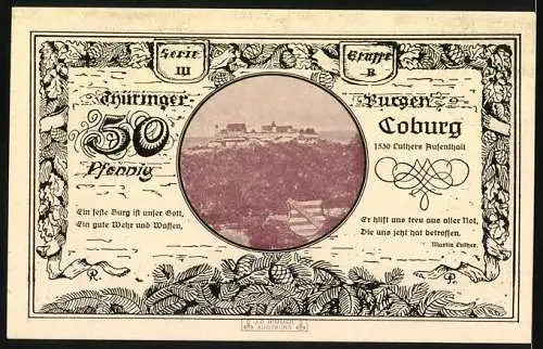 Notgeld Leuchtenburg / Saale 1921, 50 Pfennig, Wappen und Landschaftsansicht mit Coburg