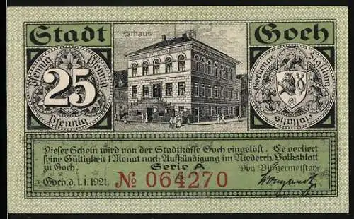 Notgeld Goch, 1921, 25 Pfennig, Rathaus, Wappen, Haus zu den Fünf Ringen, Steintor, Serie A, Nummer 064270