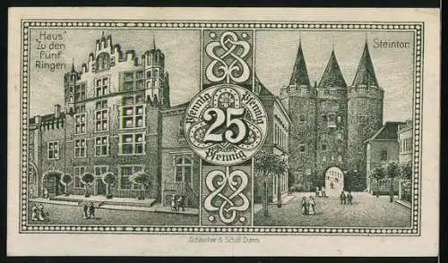 Notgeld Goch, 1921, 25 Pfennig, Rathaus, Wappen, Haus zu den Fünf Ringen, Steintor, Serie A, Nummer 064270