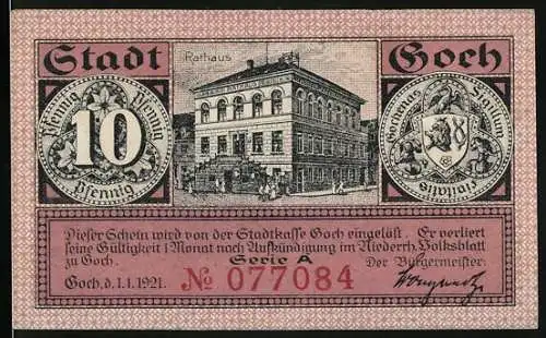 Notgeld Goch 1921, 10 Pfennig, Rathaus und Steintor, Serie A
