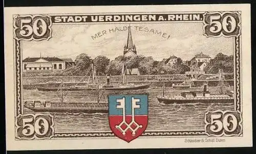 Notgeld Uerdingen am Rhein, 1921, 50 Pfennig, Stadtansicht mit Wappen und Schifffahrt