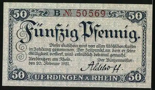 Notgeld Uerdingen am Rhein, 1921, 50 Pfennig, Stadtansicht mit Wappen und Schifffahrt