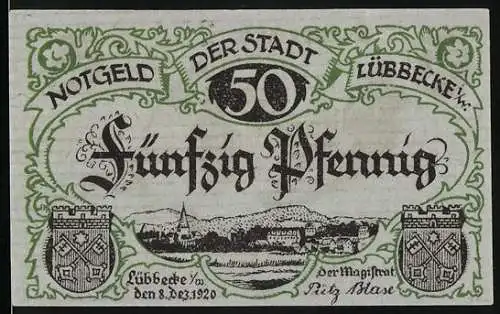 Notgeld Lübbecke 1920, 50 Pfennig, Stadtansicht, Wappen und Burgmannshof, 2. Gruppe, Seriennummer 25339