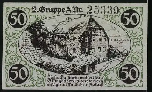 Notgeld Lübbecke 1920, 50 Pfennig, Stadtansicht, Wappen und Burgmannshof, 2. Gruppe, Seriennummer 25339