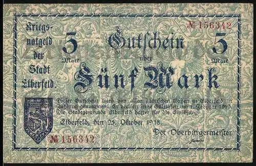 Notgeld Elberfeld 1918, 5 Mark, Gutschein über Fünf Mark, Stadtwappen und Adler, gültig bis 1. Februar 1919