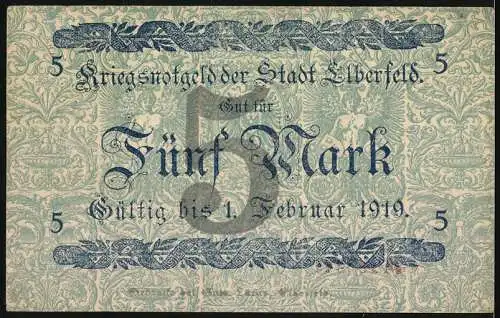 Notgeld Elberfeld 1918, 5 Mark, Gutschein über Fünf Mark, Stadtwappen und Adler, gültig bis 1. Februar 1919