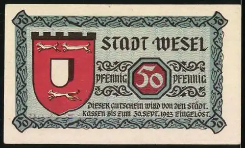 Notgeld Wesel, 1920, 50 Pfennig, Rathaus und Stadtwappen, gültig bis 30. Sept. 1923