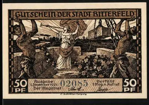 Notgeld Bitterfeld 1921, 50 Pfennig, Darstellung von Industrie und Kohleexport Deutschlands