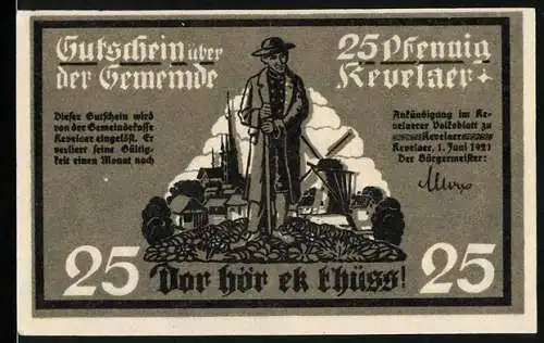 Notgeld Kevelaer 1921, 25 Pfennig, Motiv Mann mit Stab vor Dorf und Mühle, Rückseite Wappen und Turm