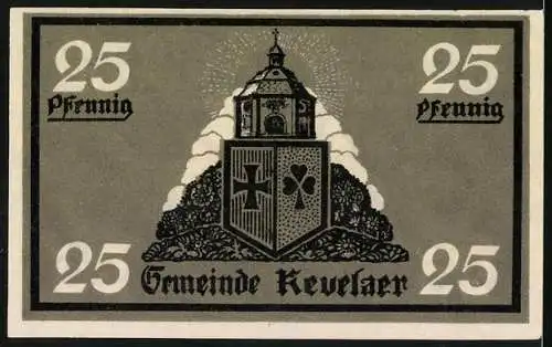 Notgeld Kevelaer 1921, 25 Pfennig, Motiv Mann mit Stab vor Dorf und Mühle, Rückseite Wappen und Turm