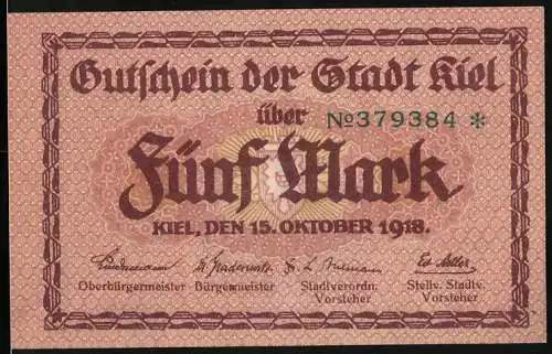 Notgeld Kiel 1918, 5 Mark, Gutschein der Stadt Kiel, Rathausabbildung und Textumrandung auf der Rückseite