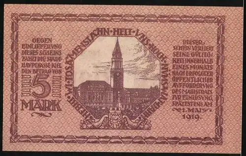 Notgeld Kiel 1918, 5 Mark, Gutschein der Stadt Kiel, Rathausabbildung und Textumrandung auf der Rückseite