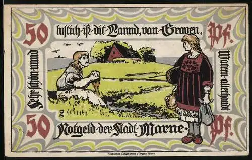 Notgeld Marne, 1922, 50 Pf, Motiv mit zwei Frauen und Landschaft, Rückseite mit Wappen und Meereswellen