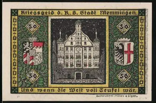 Notgeld Memmingen, 1918, 50 Pfennig, Stadtansicht und Mondgesicht, gültig bis 1. Dez. 1919