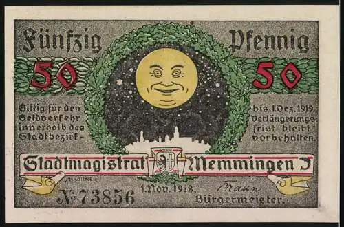 Notgeld Memmingen, 1918, 50 Pfennig, Stadtansicht und Mondgesicht, gültig bis 1. Dez. 1919