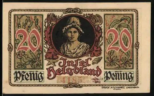 Notgeld Helgoland 1921, 20 Pfennig, Insel Helgoland mit Frau und Wappen auf beiden Seiten