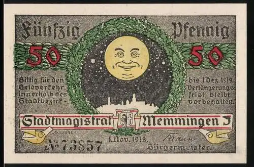 Notgeld Memmingen, 1918, 50 Pfennig, Mondgesicht und Stadtansicht