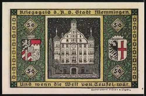 Notgeld Memmingen, 1918, 50 Pfennig, Mondgesicht und Stadtansicht