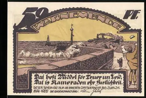 Notgeld Warnemünde, 1922, 50 Pfennig, Motive mit Wellen, Hafen und Rettungsboot