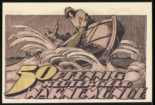 Notgeld Warnemünde, 1922, 50 Pfennig, Motive mit Wellen, Hafen und Rettungsboot