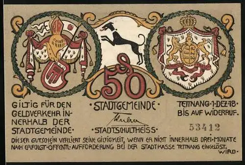 Notgeld Tettnang 1918, 50 Pfennig, Stadtwappen und Bauern bei der Ernte