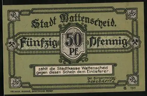 Notgeld Wattenscheid, 1921, 50 Pfennig, Bergarbeiter bei der Arbeit in einer Mine