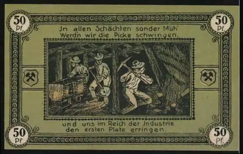 Notgeld Wattenscheid, 1921, 50 Pfennig, Bergarbeiter bei der Arbeit in einer Mine