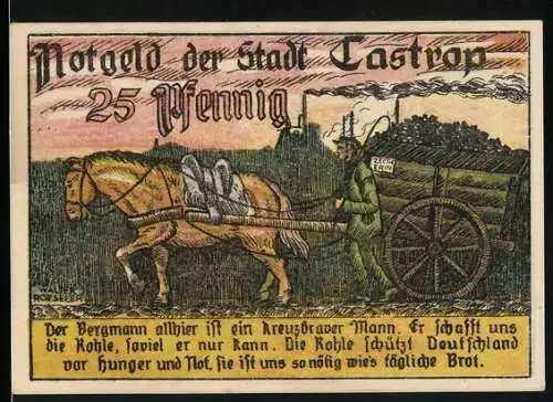 Notgeld Castrop, 1921, 25 Pfennig, Bergmann mit Kohlewagon und Stadtwappen, gültig für einen Monat