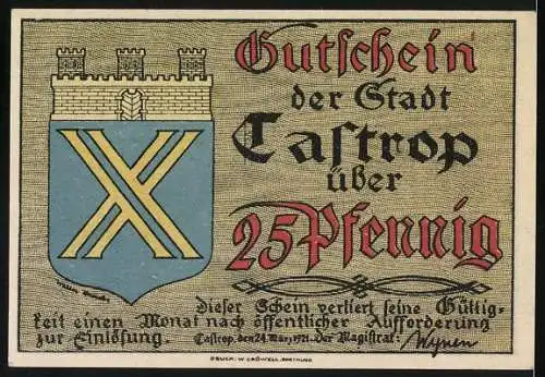 Notgeld Castrop, 1921, 25 Pfennig, Bergmann mit Kohlewagon und Stadtwappen, gültig für einen Monat