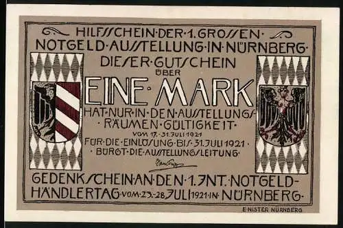 Notgeld Nürnberg 1921, 1 Mark, Hilfsschein der 1. grossen Notgeld-Ausstellung, Gedenkschein Notgeld-Händlertag