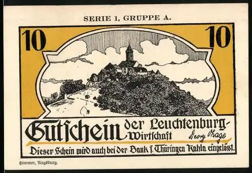 Notgeld Kahla 1921, 10 Pfennig, Serie 1 Gruppe A, Hexe auf Besen und Burgansicht Leuchtenburg