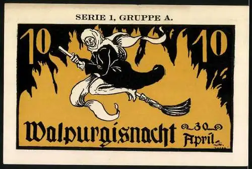 Notgeld Kahla 1921, 10 Pfennig, Serie 1 Gruppe A, Hexe auf Besen und Burgansicht Leuchtenburg