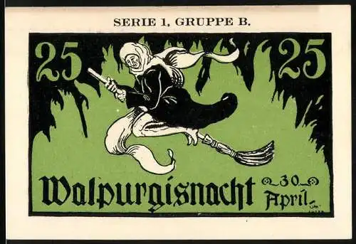 Notgeld Kahla, 1921, 25 Pfennig, Walpurgisnacht Illustration und Leuchtenburg-Wirtschaftsgutschein, Serie 1 Gruppe B