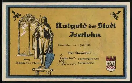 Notgeld Iserlohn 1921, 1 Mark, Statue und Stadtszene mit Moritz Schulte