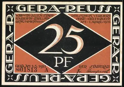 Notgeld Gera-Reuss, 1921, 25 Pf, Arm, nun wieder und nur ein Schein-Leben