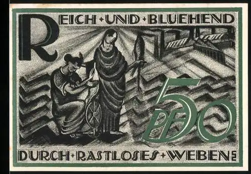 Notgeld Gera-Reuss 1921, 50 Pfennig, Reich und blühend durch rastloses Weben, grün und schwarz gestaltet