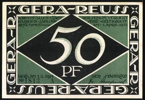 Notgeld Gera-Reuss 1921, 50 Pfennig, Reich und blühend durch rastloses Weben, grün und schwarz gestaltet