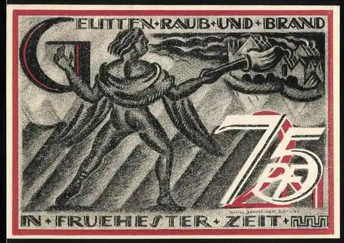 Notgeld Gera-Reuss, 1921, 75 Pfennig, Kunstvolle Darstellung von Eliten, Raub und Brand auf Vorderseite