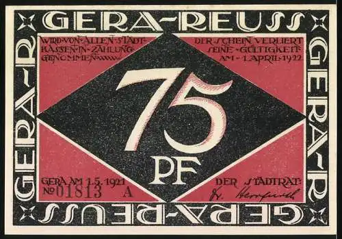 Notgeld Gera-Reuss, 1921, 75 Pfennig, Kunstvolle Darstellung von Eliten, Raub und Brand auf Vorderseite