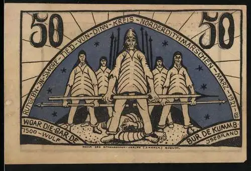 Notgeld Norderdithmarschen, 1921, 50 Pfennig, Woar die Garde Illustration und Gutschein Text