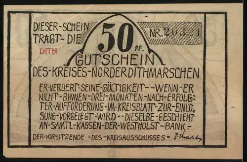 Notgeld Norderdithmarschen, 1921, 50 Pfennig, Woar die Garde Illustration und Gutschein Text