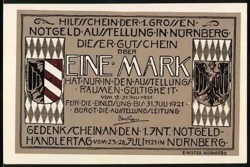 Notgeld Nürnberg 1921, 1 Mark, Hilfsschein der 1. Grossen Notgeld-Ausstellung in Nürnberg, Gedenkschein Händlertag