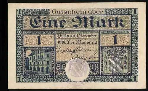 Notgeld Beckum, 1918, 1 Mark, Gutschein über Eine Mark mit Gebäuden und Wappen, Serie 11001